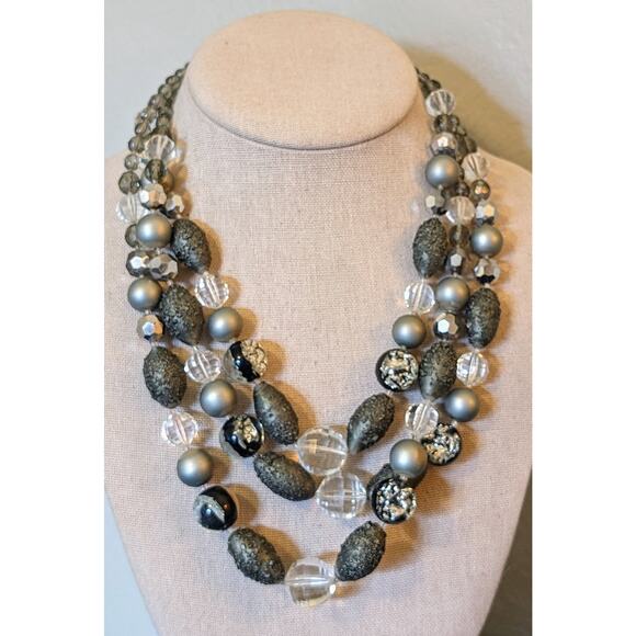 Vintage Gray Clear Faceted Crystal, Lava, Foil Bead Necklace W/ Fancy Clasp - Picture 1 of 10